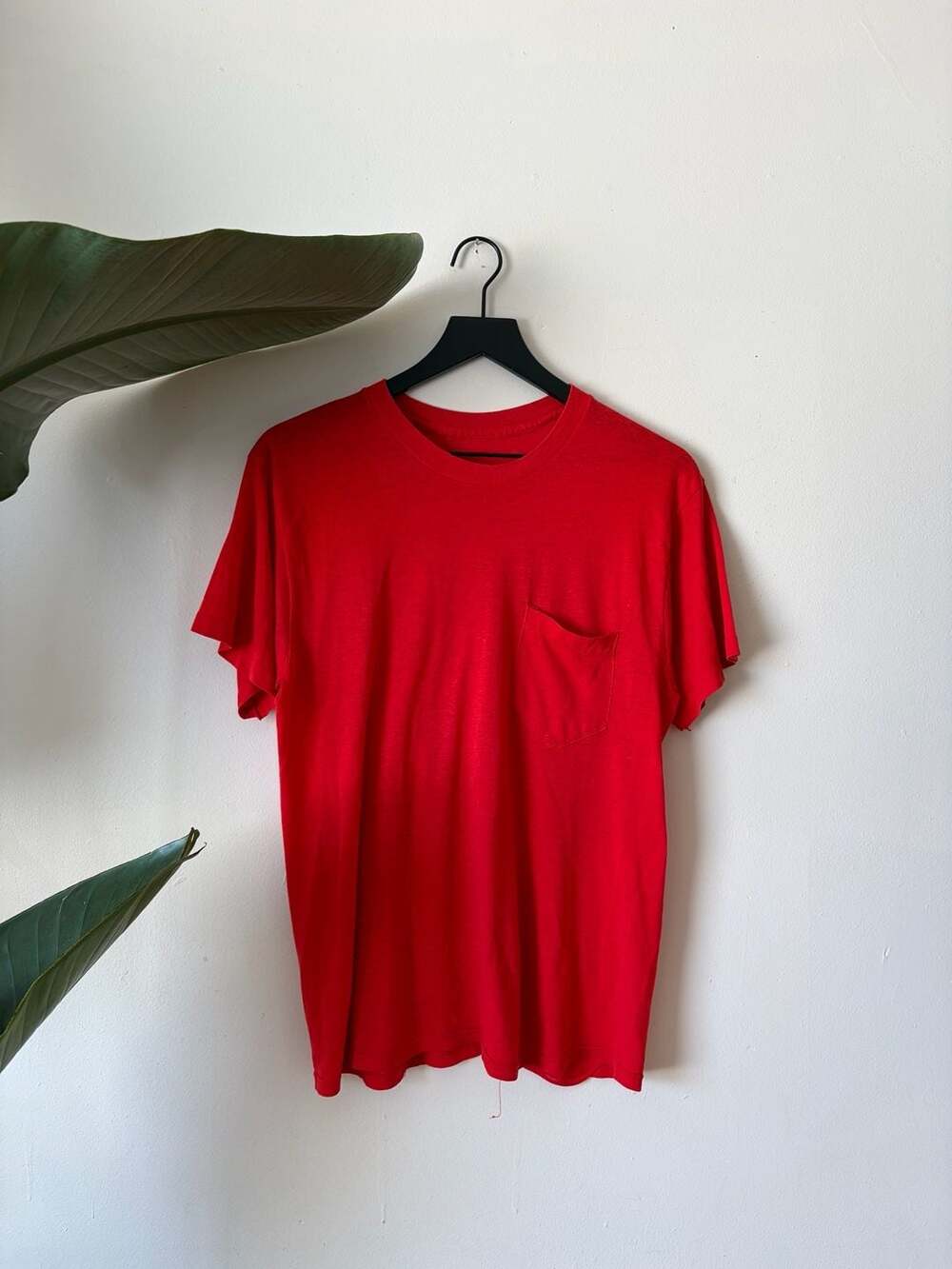 Vintage 60s 70s Red Pocket T-Shirt Red Solid Cotton Tee